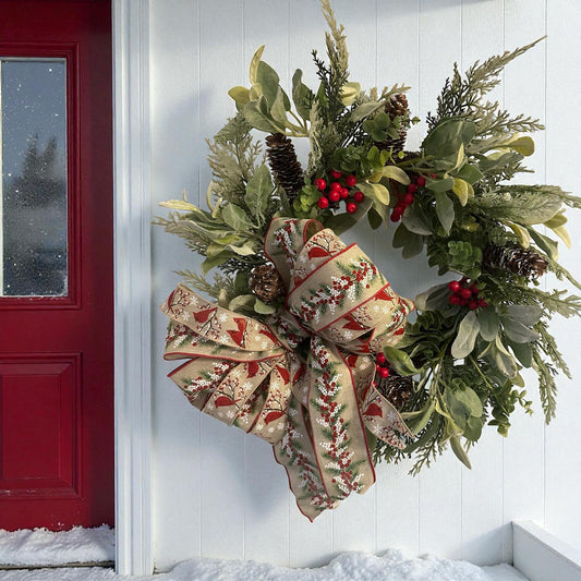Handmade 18" Christmas Wreath (Fluffs to 20") with Cardinal Ribbon, Pinecones & Red Berries | Farmhouse Holiday Door Décor