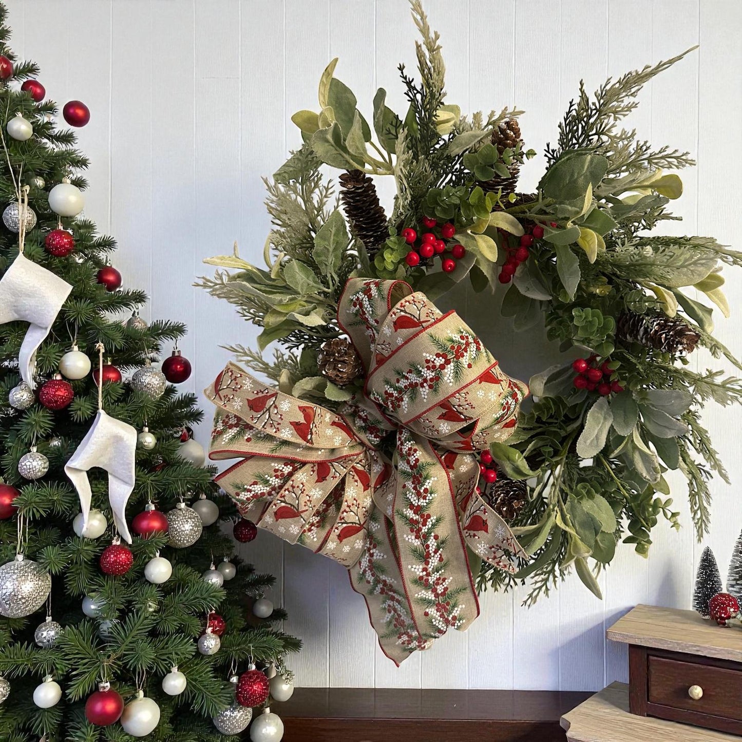 Handmade 18" Christmas Wreath (Fluffs to 20") with Cardinal Ribbon, Pinecones & Red Berries | Farmhouse Holiday Door Décor