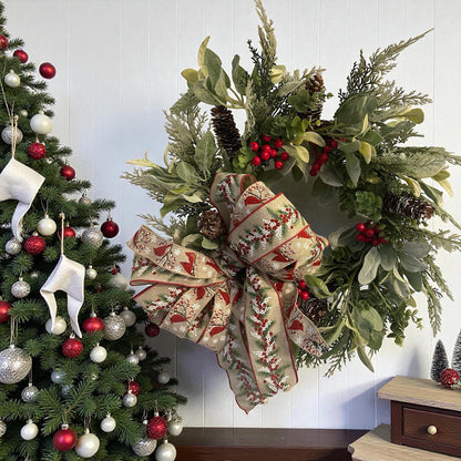 Handmade 18" Christmas Wreath (Fluffs to 20") with Cardinal Ribbon, Pinecones & Red Berries | Farmhouse Holiday Door Décor