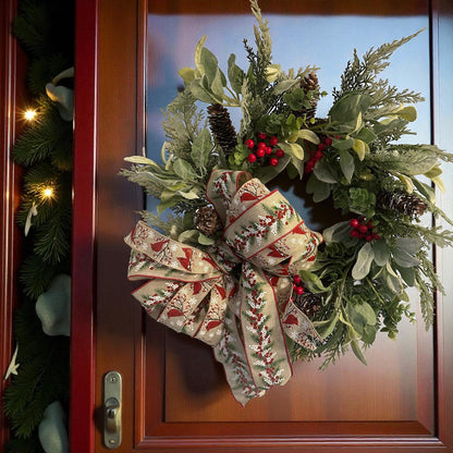 Handmade 18" Christmas Wreath (Fluffs to 20") with Cardinal Ribbon, Pinecones & Red Berries | Farmhouse Holiday Door Décor