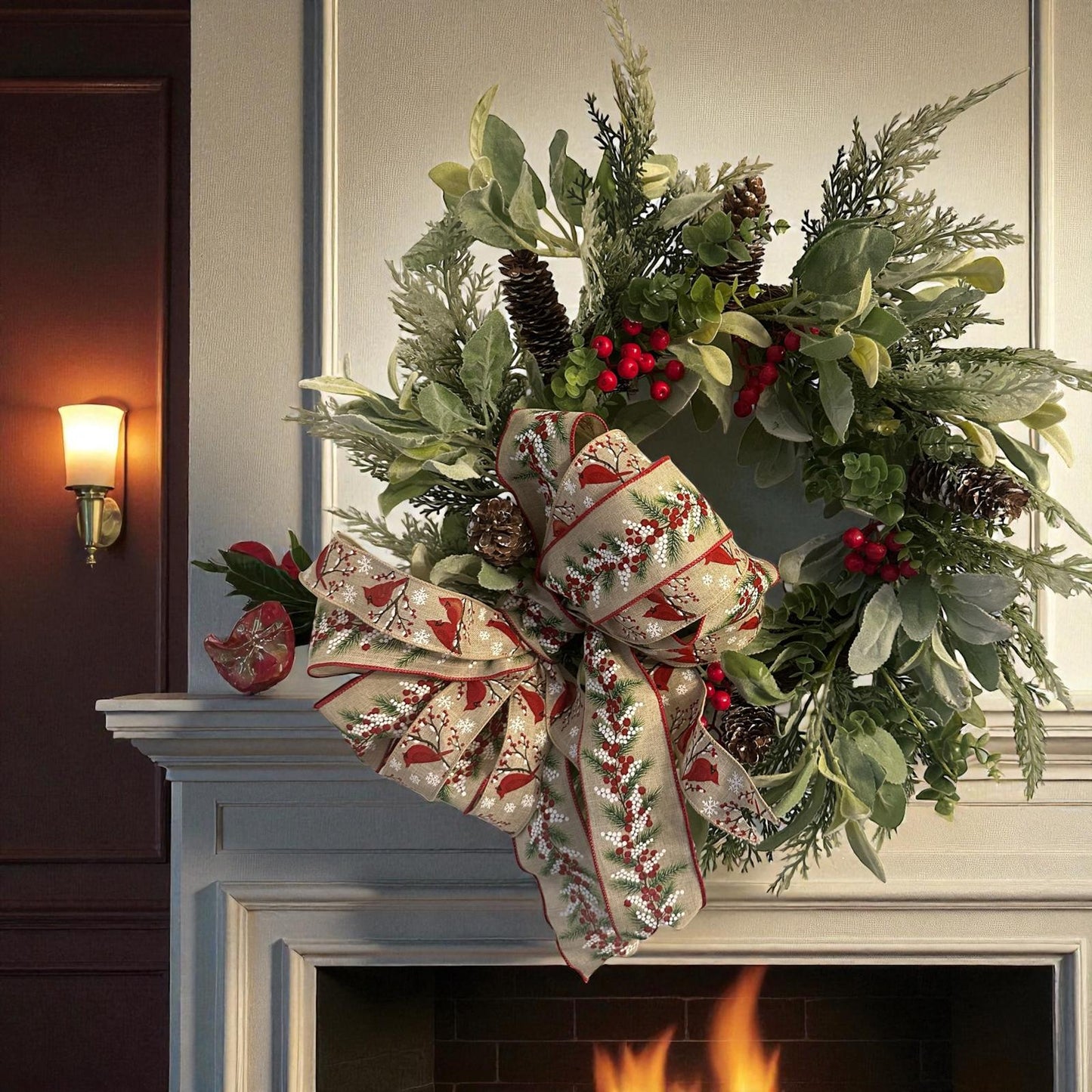 Handmade 18" Christmas Wreath (Fluffs to 20") with Cardinal Ribbon, Pinecones & Red Berries | Farmhouse Holiday Door Décor