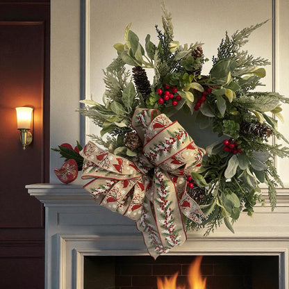 Handmade 18" Christmas Wreath (Fluffs to 20") with Cardinal Ribbon, Pinecones & Red Berries | Farmhouse Holiday Door Décor