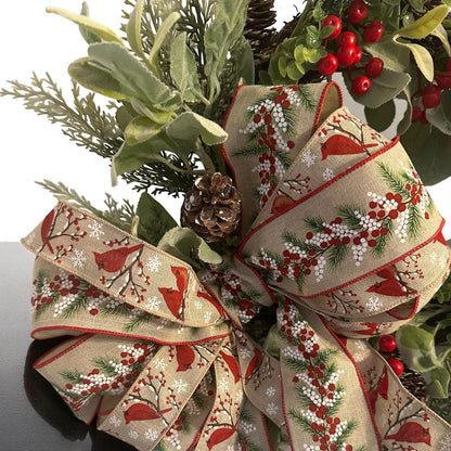 Handmade 18" Christmas Wreath (Fluffs to 20") with Cardinal Ribbon, Pinecones & Red Berries | Farmhouse Holiday Door Décor