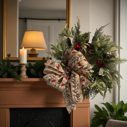 Handmade 18" Christmas Wreath (Fluffs to 20") with Cardinal Ribbon, Pinecones & Red Berries | Farmhouse Holiday Door Décor