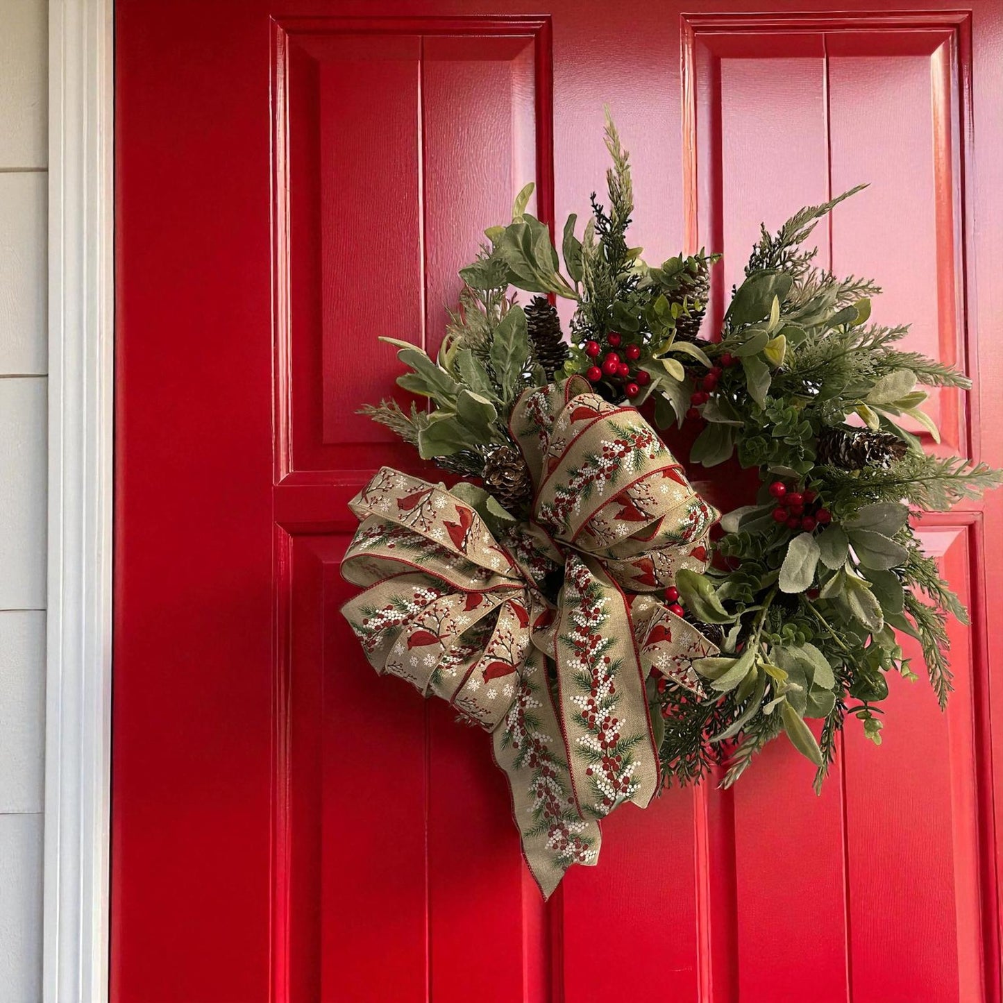 Handmade 18" Christmas Wreath (Fluffs to 20") with Cardinal Ribbon, Pinecones & Red Berries | Farmhouse Holiday Door Décor