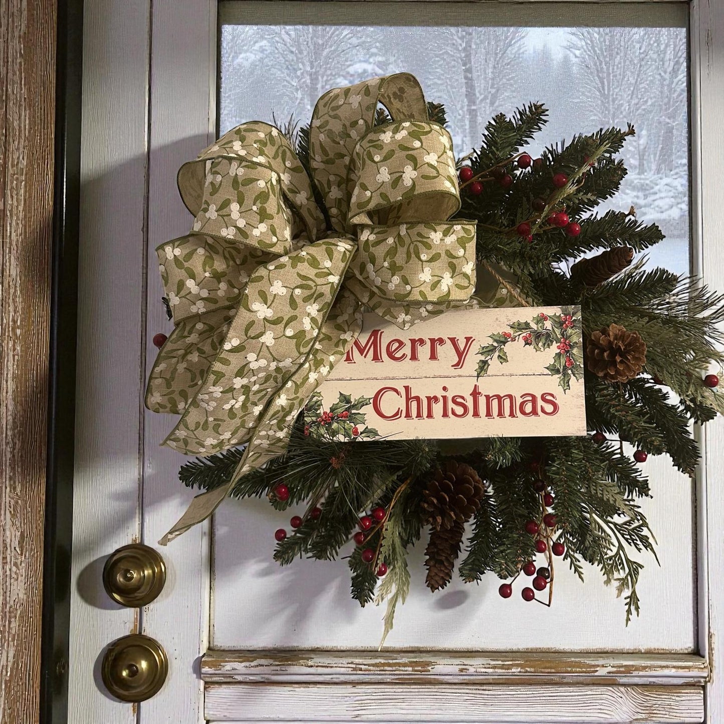 Handmade 18" Christmas Wreath (Fluffs to 20") with Wooden “Merry Christmas” Sign & Mistletoe Ribbon | Farmhouse Holiday Door Décor
