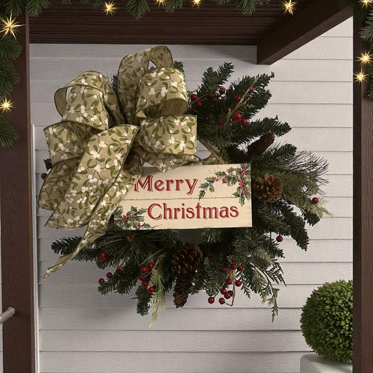 Handmade 18" Christmas Wreath (Fluffs to 20") with Wooden “Merry Christmas” Sign & Mistletoe Ribbon | Farmhouse Holiday Door Décor