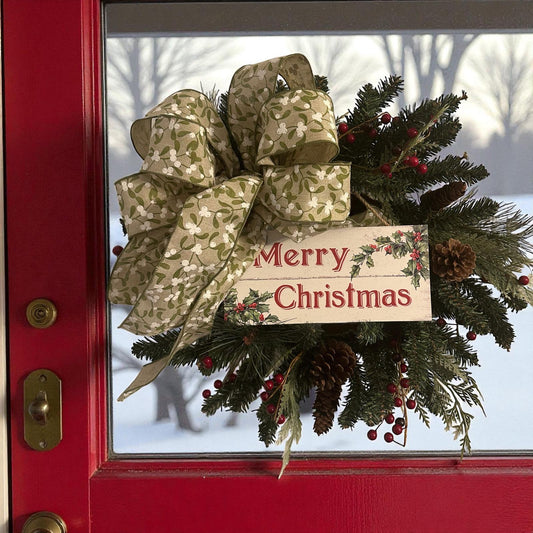 Handmade 18" Christmas Wreath (Fluffs to 20") with Wooden “Merry Christmas” Sign & Mistletoe Ribbon | Farmhouse Holiday Door Décor