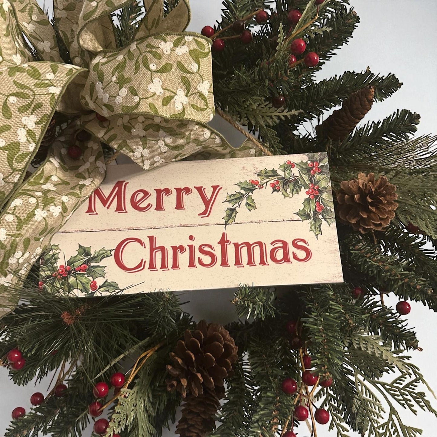 Handmade 18" Christmas Wreath (Fluffs to 20") with Wooden “Merry Christmas” Sign & Mistletoe Ribbon | Farmhouse Holiday Door Décor