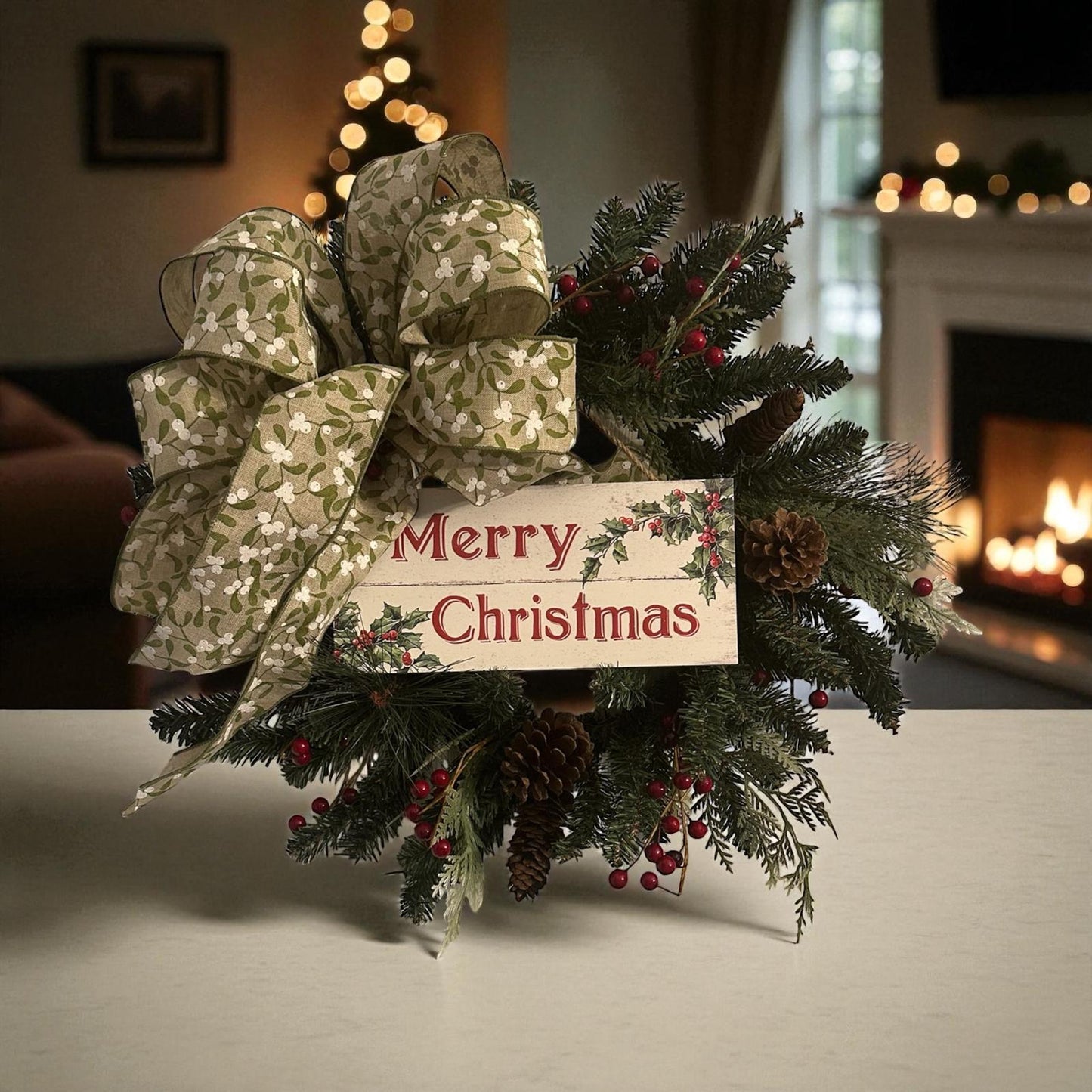 Handmade 18" Christmas Wreath (Fluffs to 20") with Wooden “Merry Christmas” Sign & Mistletoe Ribbon | Farmhouse Holiday Door Décor