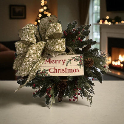 Handmade 18" Christmas Wreath (Fluffs to 20") with Wooden “Merry Christmas” Sign & Mistletoe Ribbon | Farmhouse Holiday Door Décor