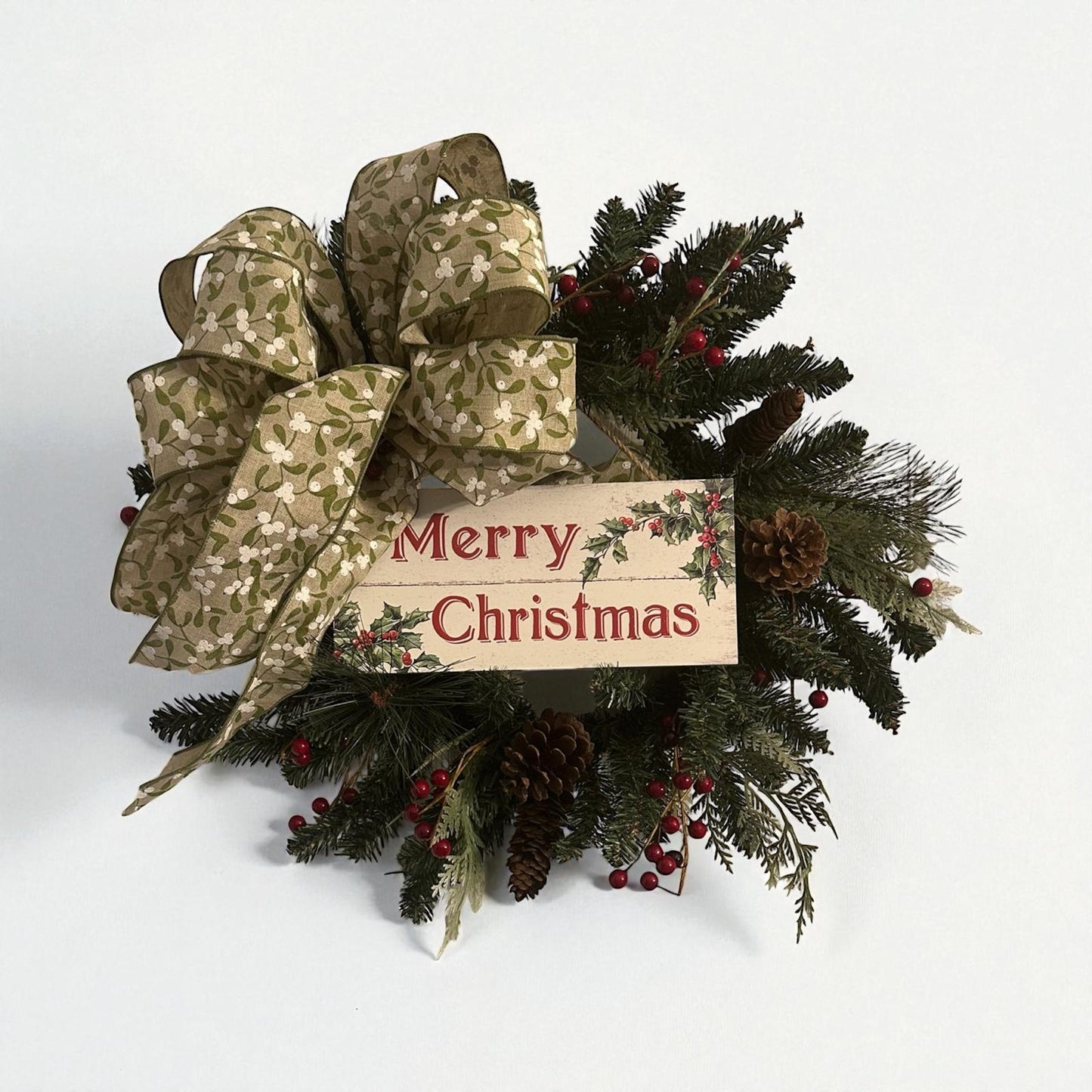 Handmade 18" Christmas Wreath (Fluffs to 20") with Wooden “Merry Christmas” Sign & Mistletoe Ribbon | Farmhouse Holiday Door Décor