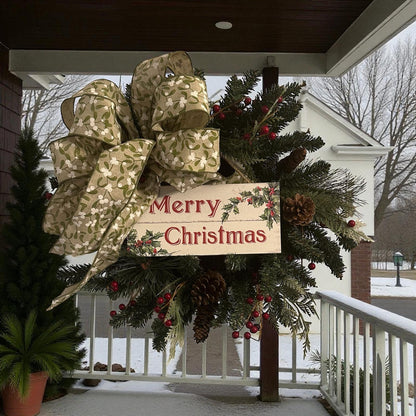 Handmade 18" Christmas Wreath (Fluffs to 20") with Wooden “Merry Christmas” Sign & Mistletoe Ribbon | Farmhouse Holiday Door Décor