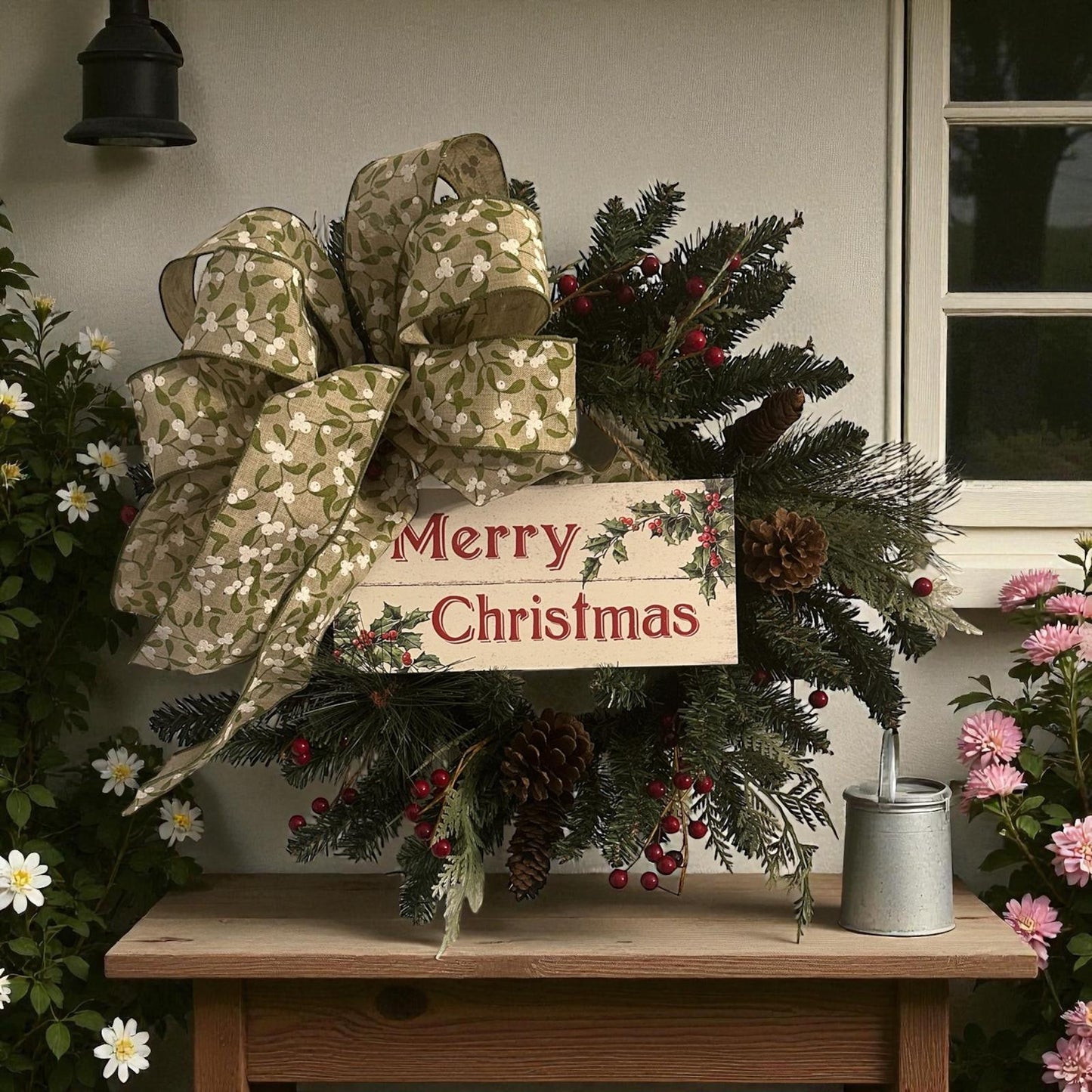 Handmade 18" Christmas Wreath (Fluffs to 20") with Wooden “Merry Christmas” Sign & Mistletoe Ribbon | Farmhouse Holiday Door Décor