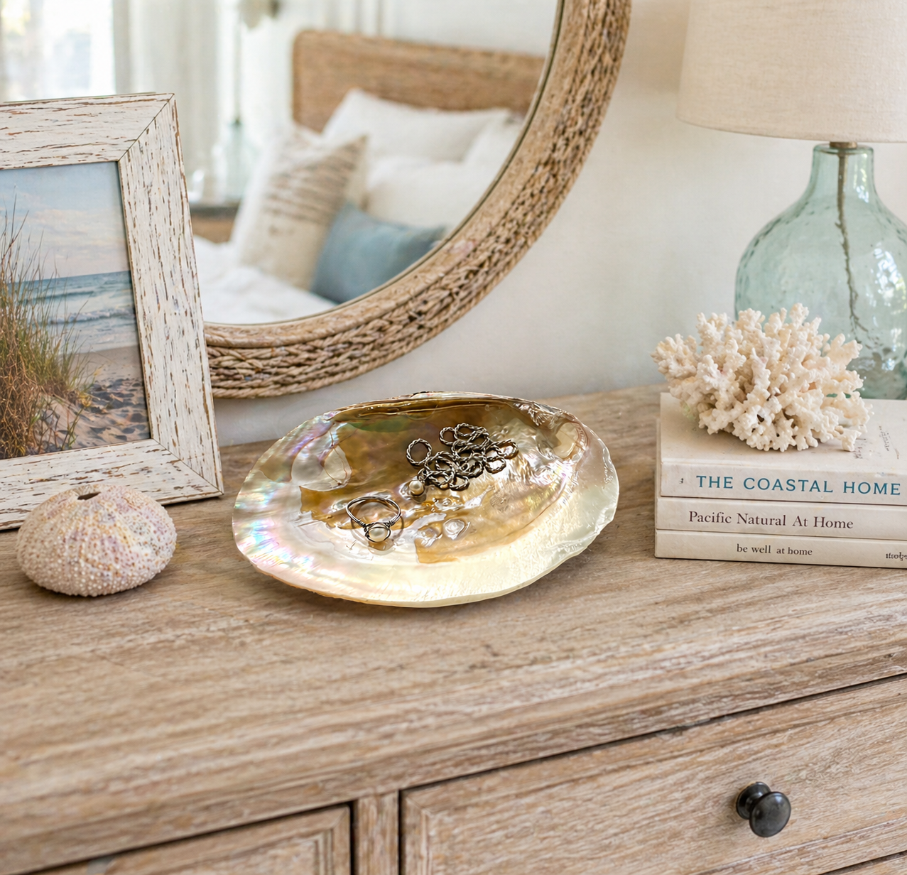 Natural Pearl Clam Shell Dish – Coastal Jewelry Tray, Soap Dish, Spoon Rest, Smudging Bowl, Sponge Holder, Beach House Decor