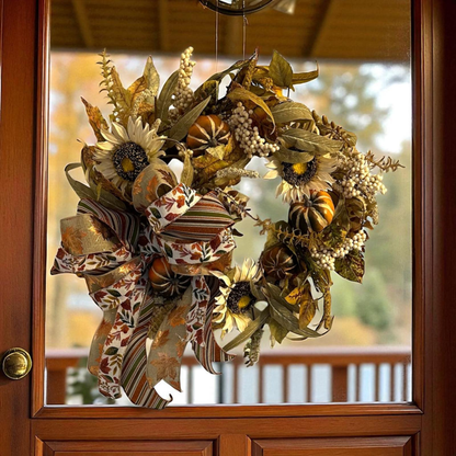 Handcrafted Fall Sunflower & Pumpkin Wreath with Autumn Leaves and Ribbon Bow – Thanksgiving Door or Mantel Decor