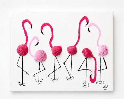Handmade Flamingo Shell Art Shadow Box Coastal Beach Decor Pink Flamingos 8x10