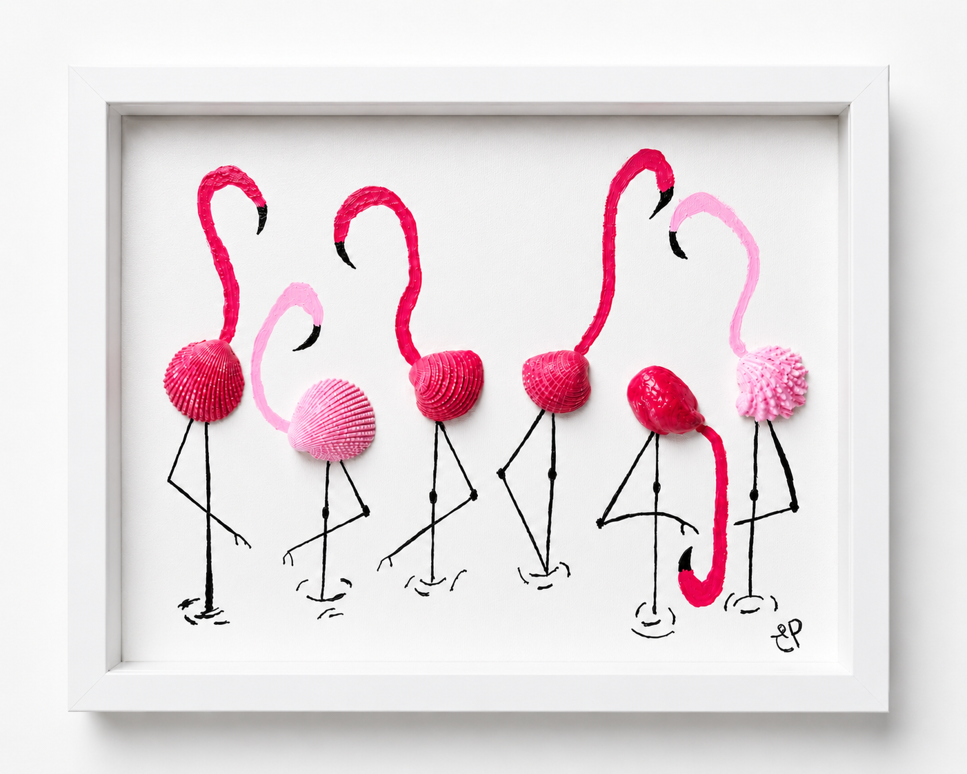 Handmade Flamingo Shell Art Shadow Box Coastal Beach Decor Pink Flamingos 8x10