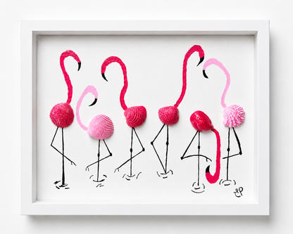 Handmade Flamingo Shell Art Shadow Box Coastal Beach Decor Pink Flamingos 8x10
