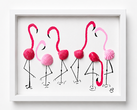 Handmade Flamingo Shell Art Shadow Box Coastal Beach Decor Pink Flamingos 8x10