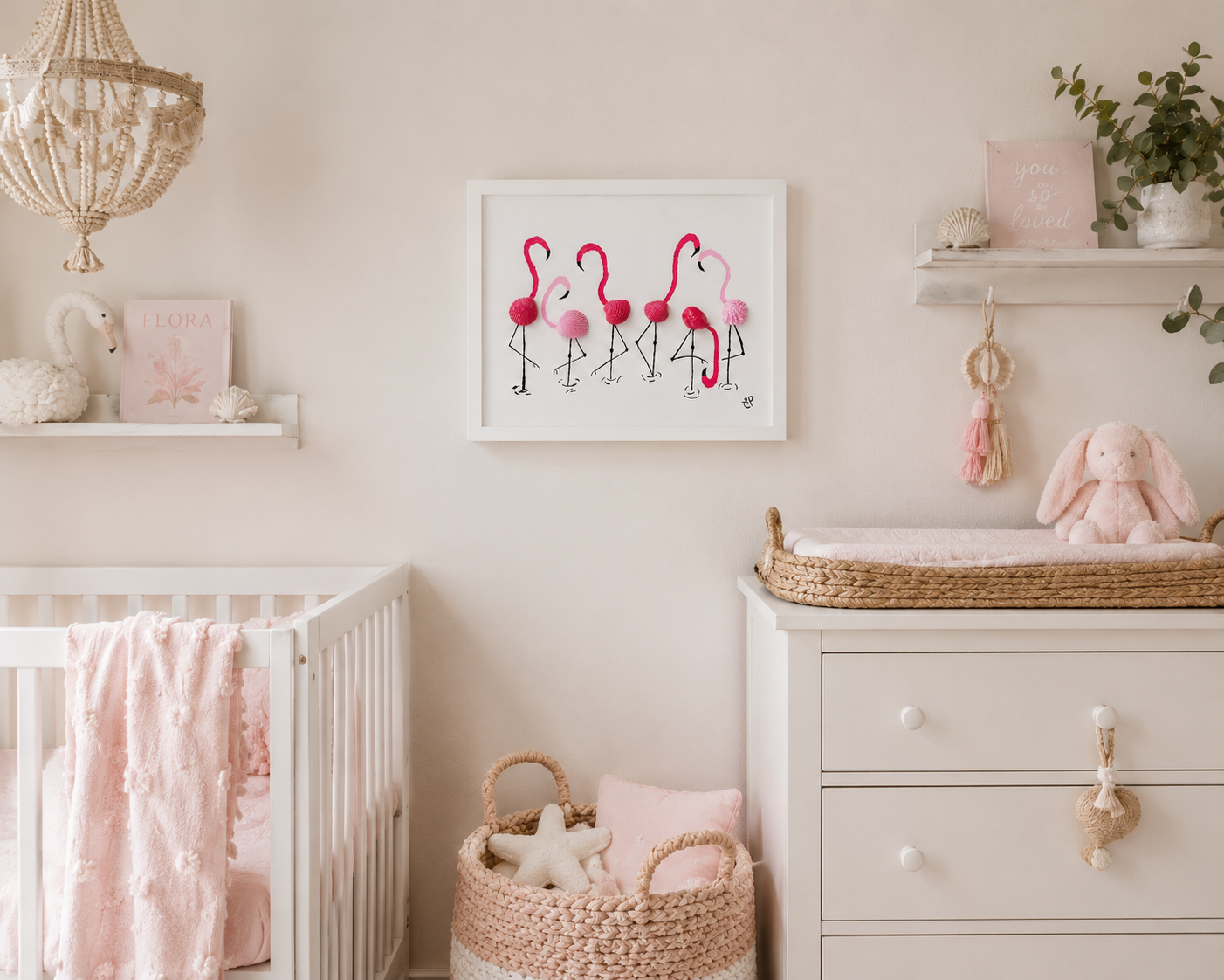 Handmade Flamingo Shell Art Shadow Box Coastal Beach Decor Pink Flamingos 8x10