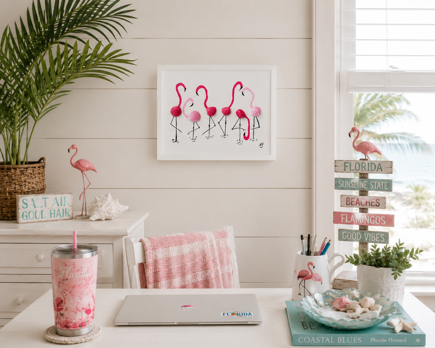 Handmade Flamingo Shell Art Shadow Box Coastal Beach Decor Pink Flamingos 8x10