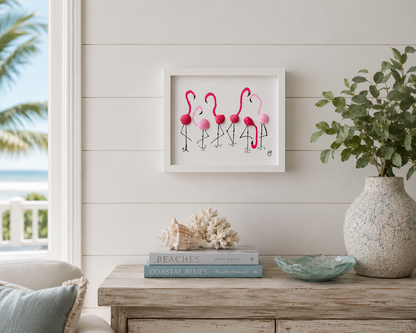 Handmade Flamingo Shell Art Shadow Box Coastal Beach Decor Pink Flamingos 8x10