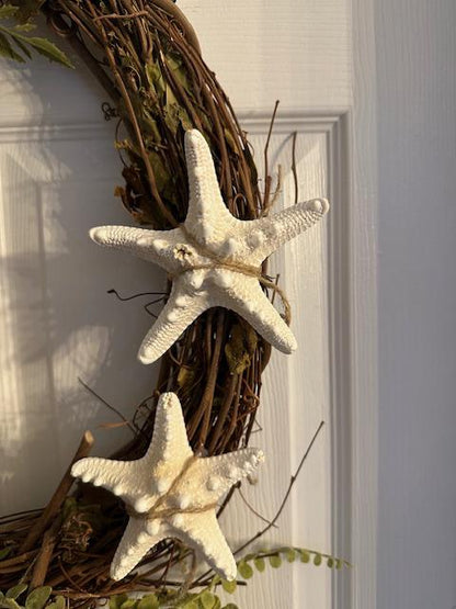18" Coastal Starfish Greenery Grapevine Wreath- Great for All Year Round - Coastal Decor- Removable Bow