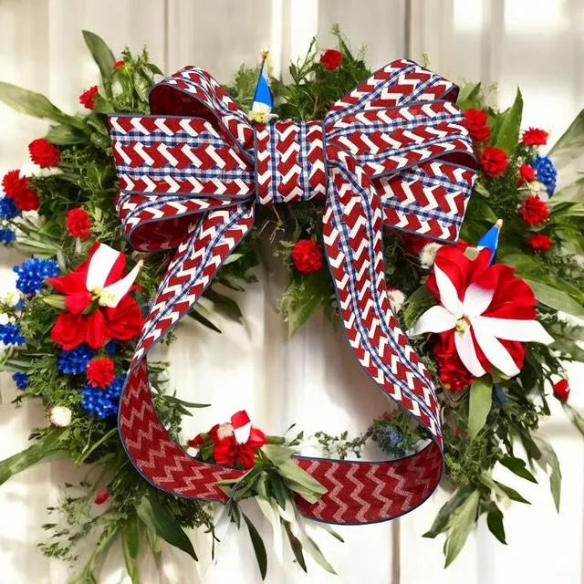Large Patriotic 6 Loop Bow – Red, White & Blue Wired Ribbon Bow with Floral Wire Attachment