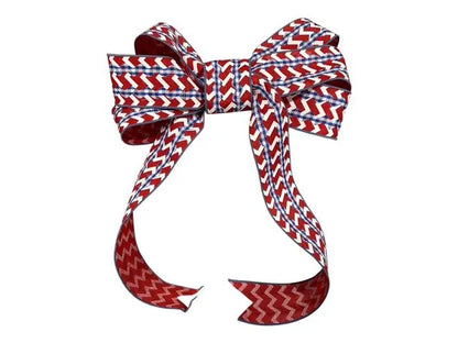 Large Patriotic 6 Loop Bow – Red, White & Blue Wired Ribbon Bow with Floral Wire Attachment