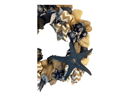 Nautical Welcome Wreath with Starfish & Chevron Ribbon | Beach House Front Door Decor | Coastal Deco Mesh in Navy Burlap