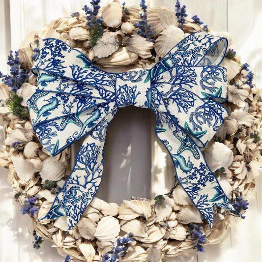 Large Coastal Bow 15" – Nautical Wired Ribbon Wreath Bow with Easy Floral Wire Attachment – Beach House Decor