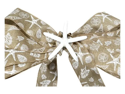 18" Green Mesh Burlap Wreath with Starfish & Removable Coastal Wired Ribbon Bow – Coastal Door- Beach House