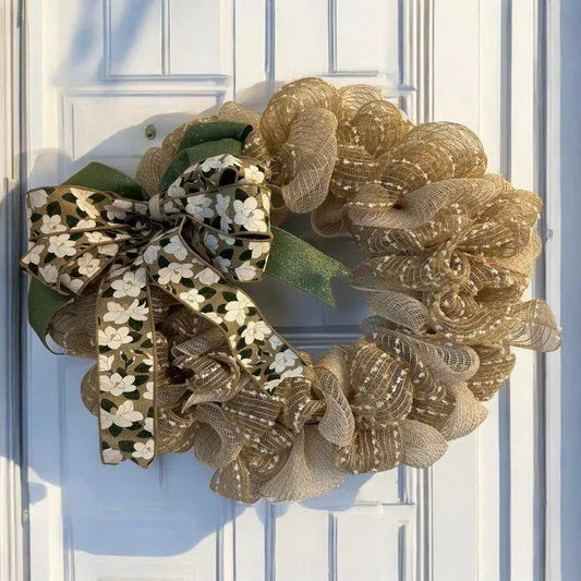 18" Tan Mesh Burlap Wreath with Magnolia & Green Wired Removable Bow – Coastal / Farmhouse Door Wreath - Beach House Decor