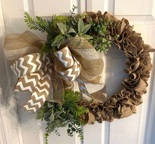 18" Ruffled Burlap Greenery Wreath With Wired Ribbon Chevron Bow- Farmhouse or Coastal Decor – Year-Round Wreath