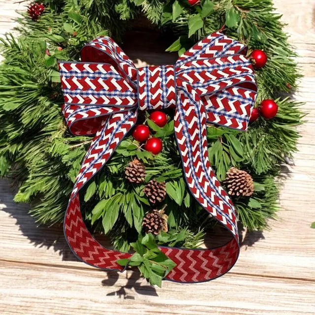 Large Patriotic 6 Loop Bow – Red, White & Blue Wired Ribbon Bow with Floral Wire Attachment
