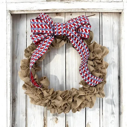 Large Patriotic 6 Loop Bow – Red, White & Blue Wired Ribbon Bow with Floral Wire Attachment