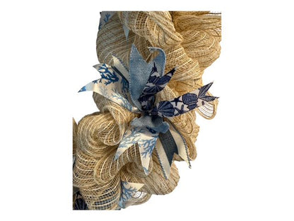 18" Cream Mesh Burlap Wreath with Coastal Wired Bow & Real Starfish – Coastal or Farmhouse Door Decor