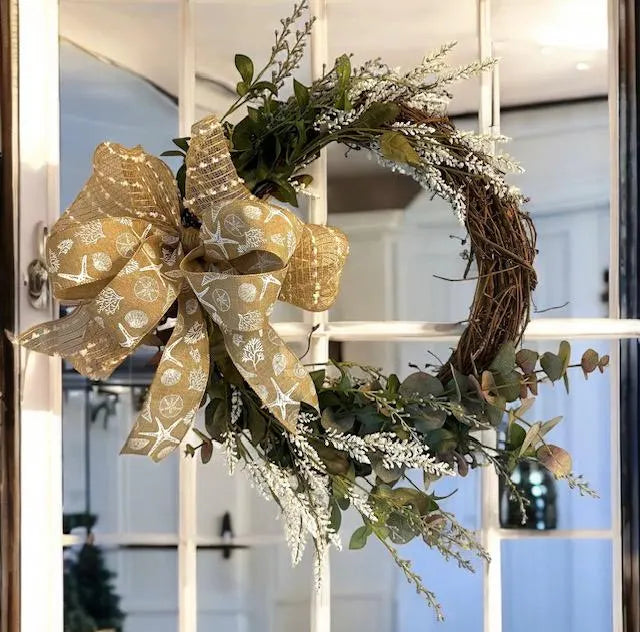 18" Grapevine Wreath with Greens & White Flowers- Removable Coastal Bow- Coastal or Farmhouse Decor- Every Day Year-Round Charm!