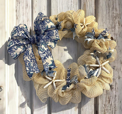 18" Cream Mesh Burlap Wreath with Coastal Wired Bow & Real Starfish – Coastal or Farmhouse Door Decor