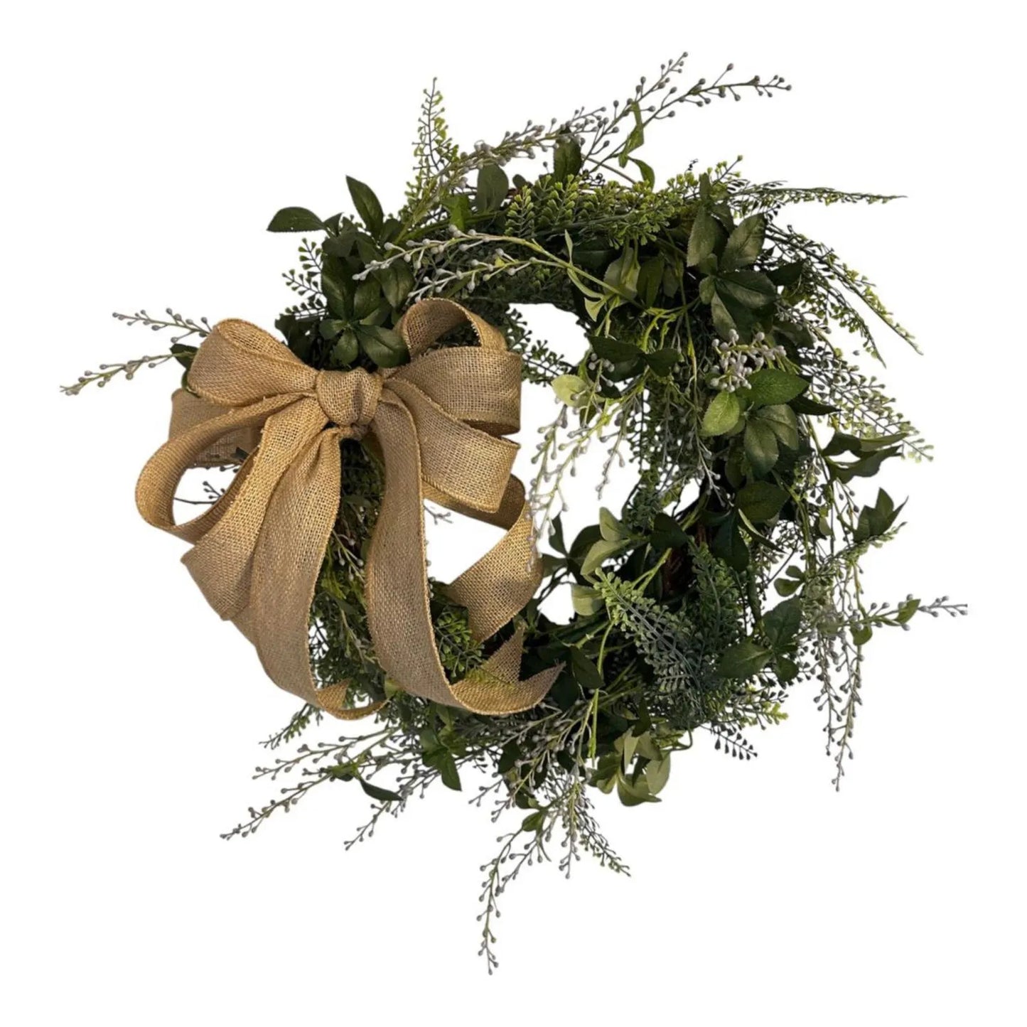 18" Grapevine Wreath- Faux Greenery- Sage & Lavender With Removable Burlap Bow, Farmhouse/Coastal