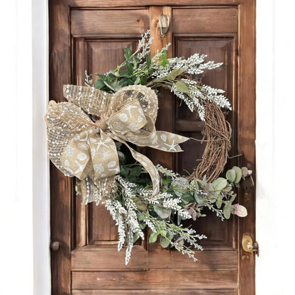 18" Grapevine Wreath with Greens & White Flowers- Removable Coastal Bow- Coastal or Farmhouse Decor- Every Day Year-Round Charm!