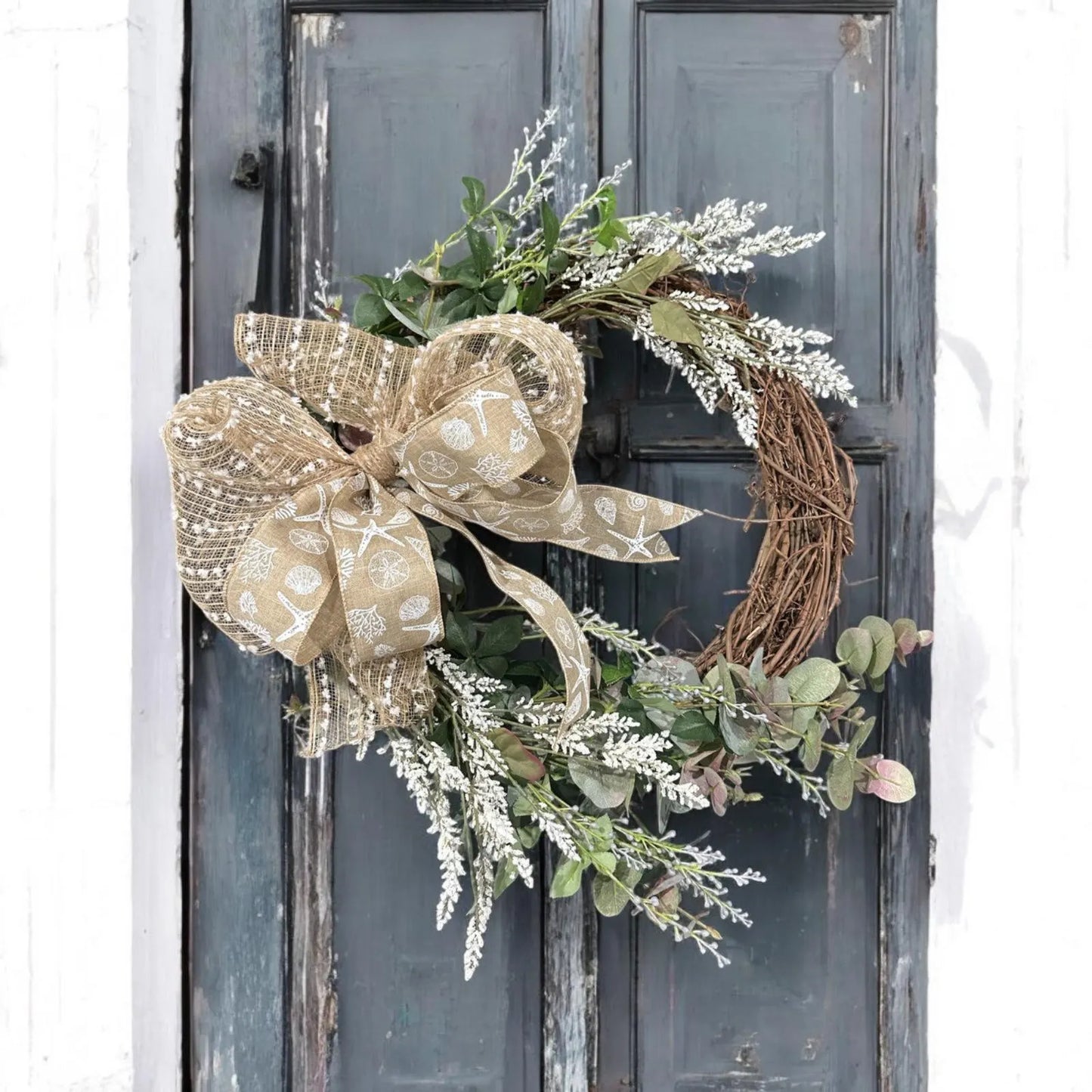 18" Grapevine Wreath with Greens & White Flowers- Removable Coastal Bow- Coastal or Farmhouse Decor- Every Day Year-Round Charm!