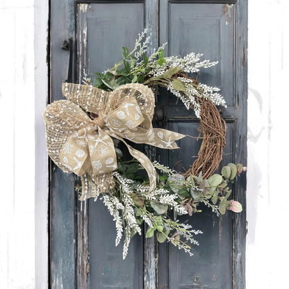 18" Grapevine Wreath with Greens & White Flowers- Removable Coastal Bow- Coastal or Farmhouse Decor- Every Day Year-Round Charm!