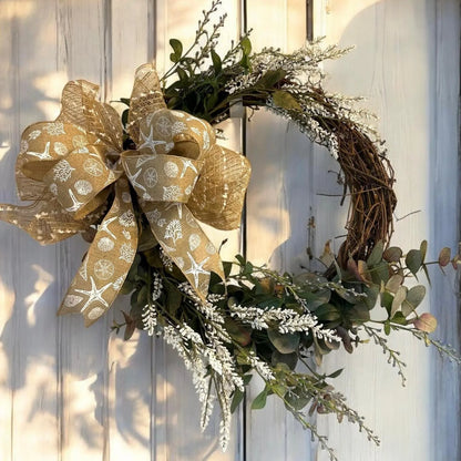 18" Grapevine Wreath with Greens & White Flowers- Removable Coastal Bow- Coastal or Farmhouse Decor- Every Day Year-Round Charm!