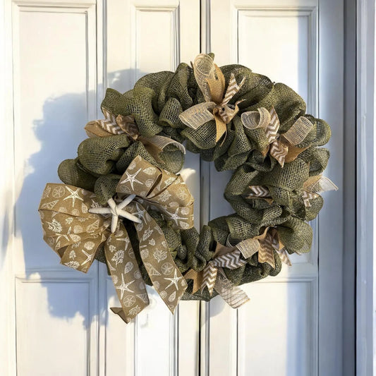 18" Green Mesh Burlap Wreath with Starfish & Removable Coastal Wired Ribbon Bow – Coastal Door- Beach House