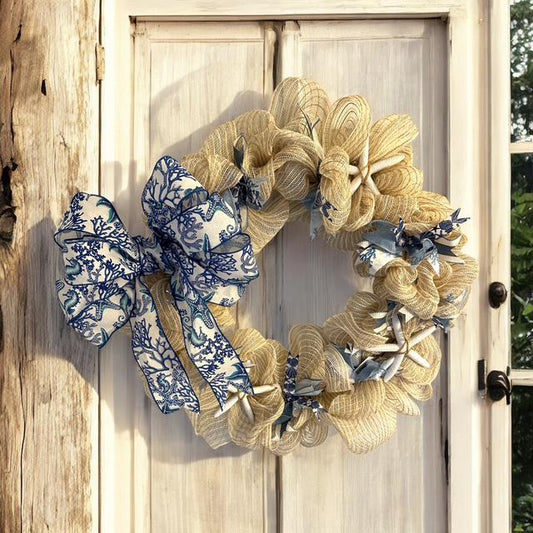 18" Cream Mesh Burlap Wreath with Coastal Wired Bow & Real Starfish – Coastal or Farmhouse Door Decor