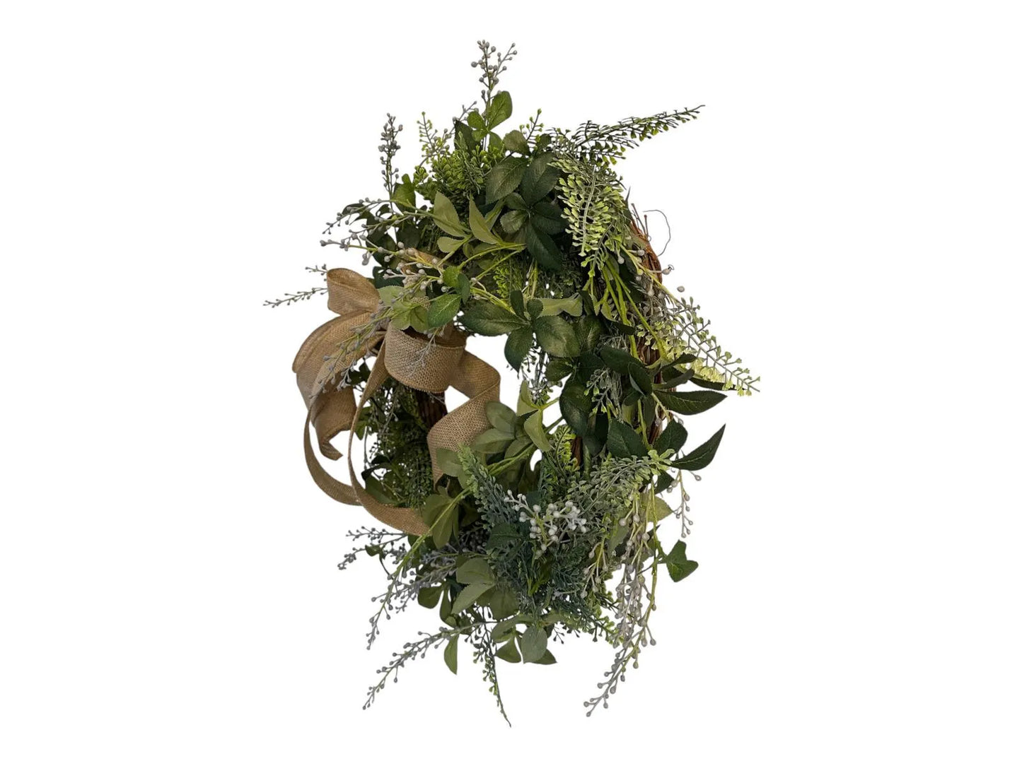 18" Grapevine Wreath- Faux Greenery- Sage & Lavender With Removable Burlap Bow, Farmhouse/Coastal