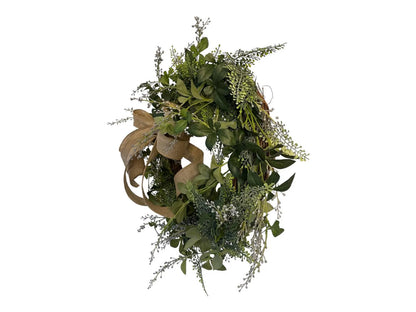 18" Grapevine Wreath- Faux Greenery- Sage & Lavender With Removable Burlap Bow, Farmhouse/Coastal