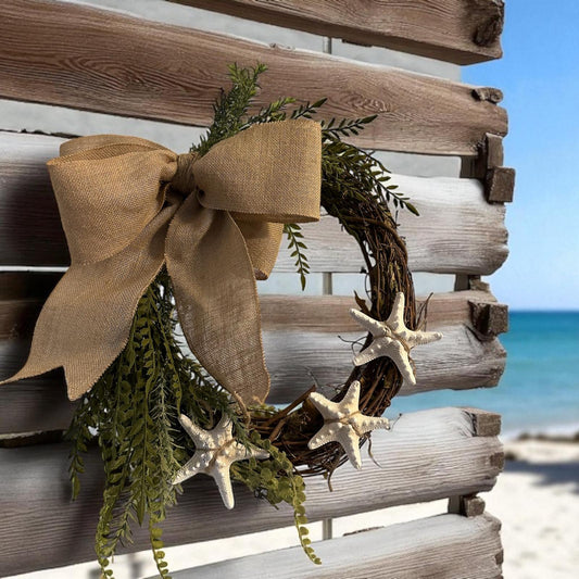 18" Coastal Starfish Greenery Grapevine Wreath- Great for All Year Round - Coastal Decor- Removable Bow